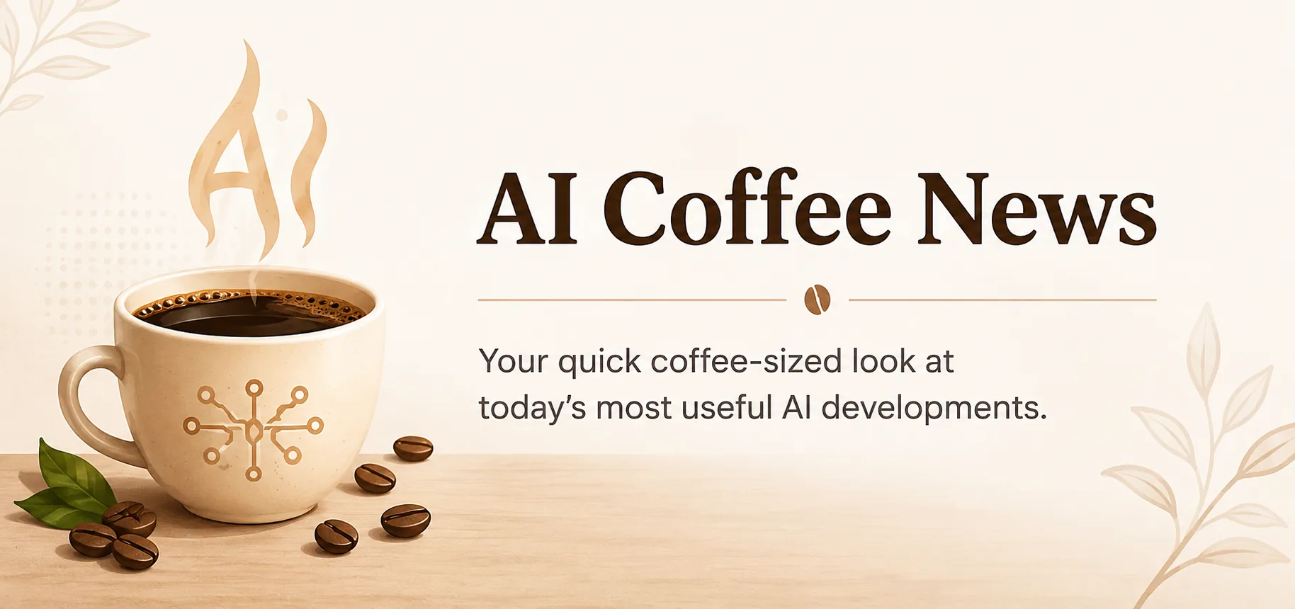AI Coffee News illustration with a coffee cup and technology motifs